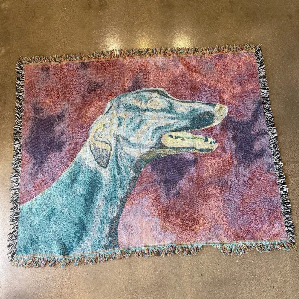 Picken Greyhound Whippet Dog Woven Tapestry Throw Blanket Fringed 47x58 Green